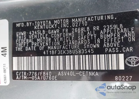 2011 Toyota Camry Se/Le/Xle из США, поврежденный, VIN 4T1BF3EK3BU583545